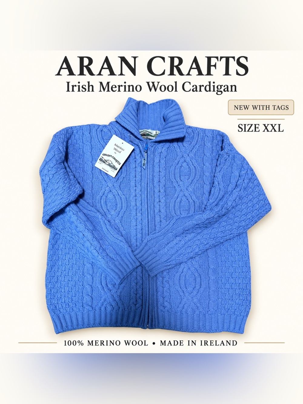 Aran Crafts Women’s XXL Irish Merino Wool Zip Cardigan - Blue